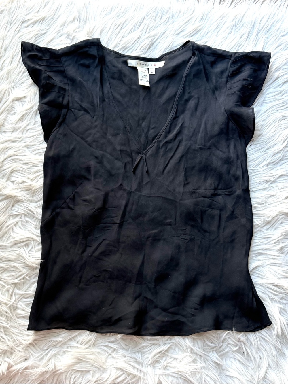 Studio M 100% Silk Blouse L Black Flutter Sleeve Deep V Neck Y2K